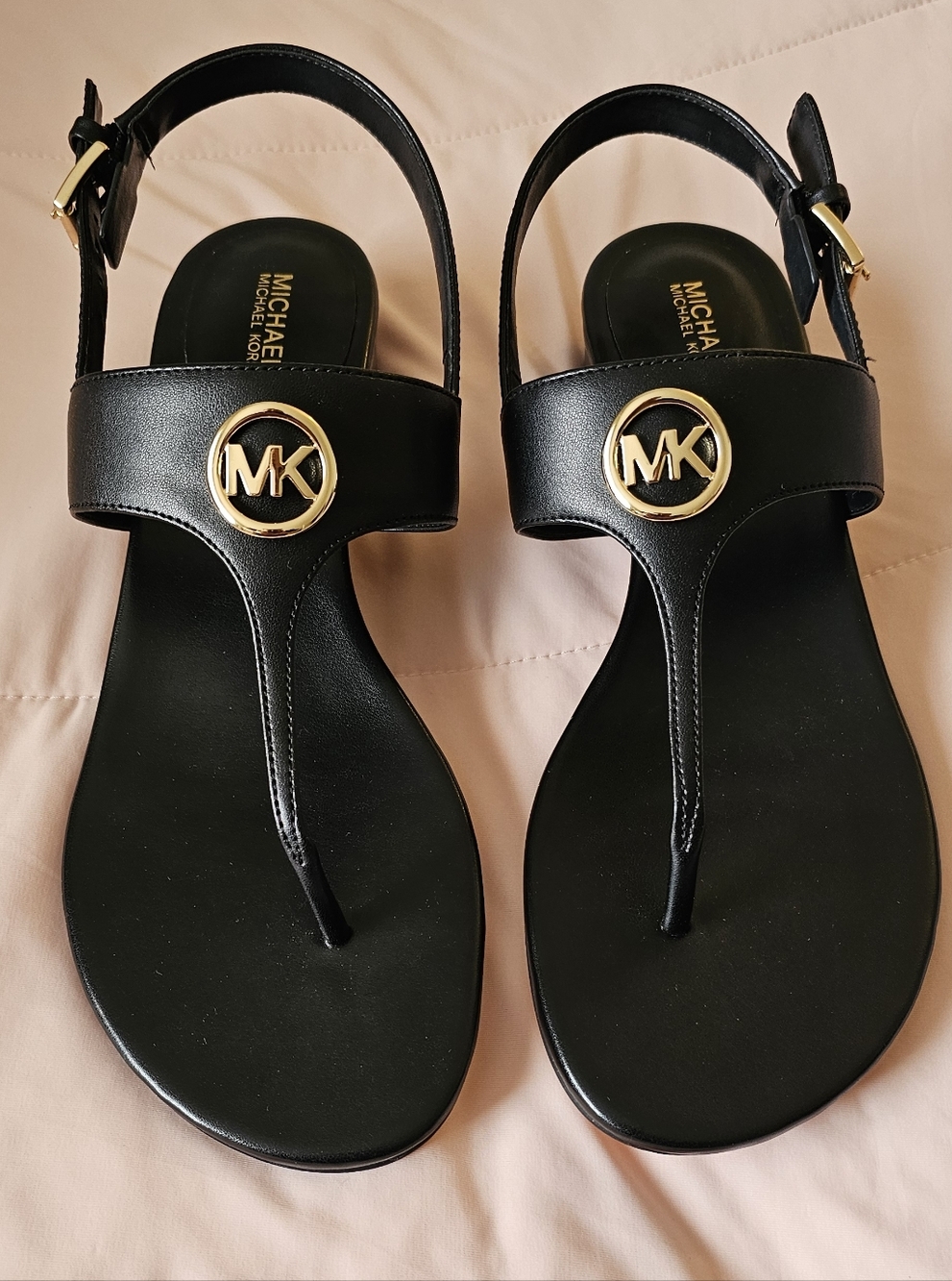 MICHAEL Michael Kors Hannah T Strap Black Sandals with Gold MK Medallions, NEW